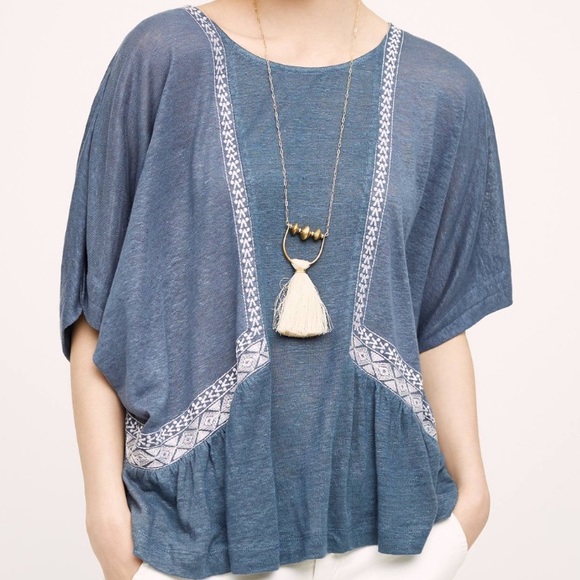 ANTHROPOLOGIE: Blue Embroidered Tee - Picture 2 of 3